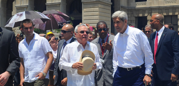 US Secretary of State John Kerry (R) visits the Old Havana with Havana City historian Eusebio Leal (C), on August 14, 2015. Cuba is ready to discuss any issue with the United States, including human rights, Cuban Foreign Minister Bruno Rodriguez Parrilla told his US counterpart John Kerry on Friday as the latter made a historic visit to the island.      AFP PHOTO/Yamil Lage        (Photo credit should read YAMIL LAGE/AFP/Getty Images)