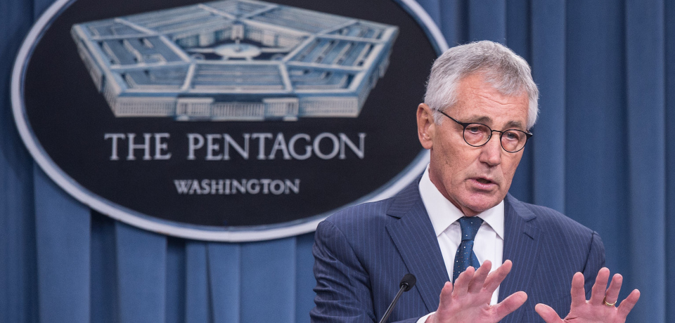 Outgoing US Defense Secretary Chuck Hagel speaks to the press at the Pentagon in Washington,DC on January 22, 2015. AFP PHOTO/NICHOLAS KAMM (Photo credit should read NICHOLAS KAMM/AFP/Getty Images)