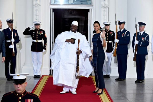 President of The Gambia Yahya A.J.J. Jammeh and first lady Zineb Jammeh arrive for a dinner hosted by President Barack Obama for the U.S. Africa Leaders Summit, Tuesday, Aug. 5, 2014. African heads of state are gathering in Washington for an unprecedented summit to promote business development. (AP Photo/Susan Walsh)