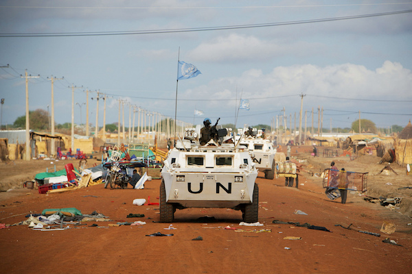 Zambian peacekeepers from the United Nations Mission in Sudan (UNMIS) patrol streets lined with looted items awaiting collection in Abyei, the main town of the disputed Abyei area on the border of Sudan and newly independent South Sudan. In a statement yesterday, the United Nations strongly condemned the burning and looting currently being perpetrated by armed elements in the area, following the seizure of Abyei town by Sudanese Government troops on 20 March.